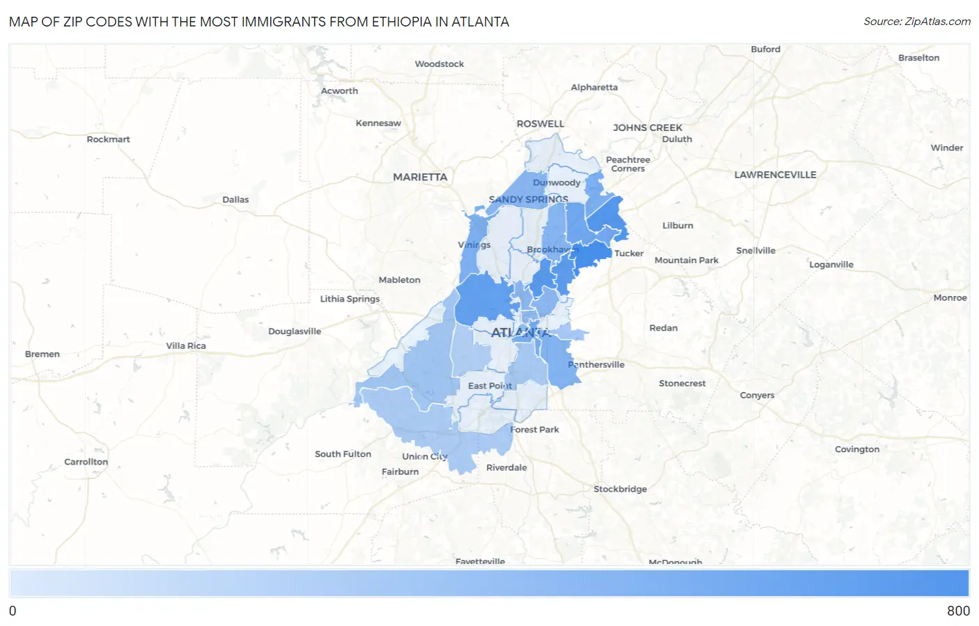 Zip Codes with the Most Immigrants from Ethiopia in Atlanta Map