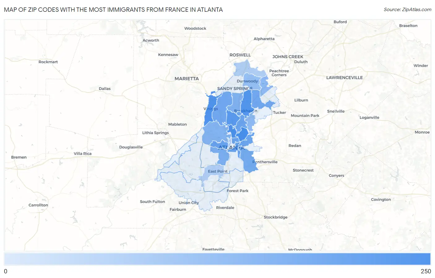 Zip Codes with the Most Immigrants from France in Atlanta Map