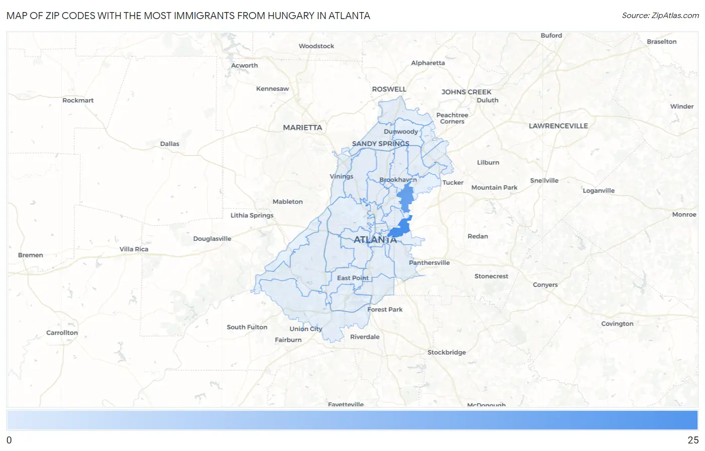 Zip Codes with the Most Immigrants from Hungary in Atlanta Map