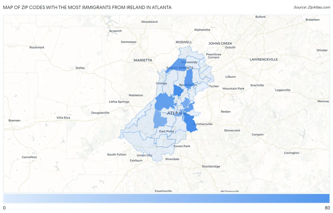 Zip Codes with the Most Immigrants from Ireland in Atlanta Map