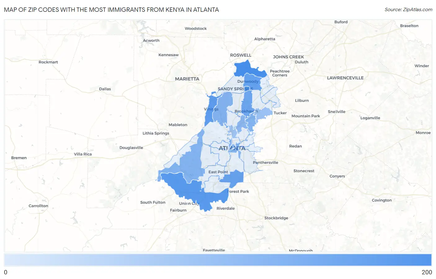 Zip Codes with the Most Immigrants from Kenya in Atlanta Map