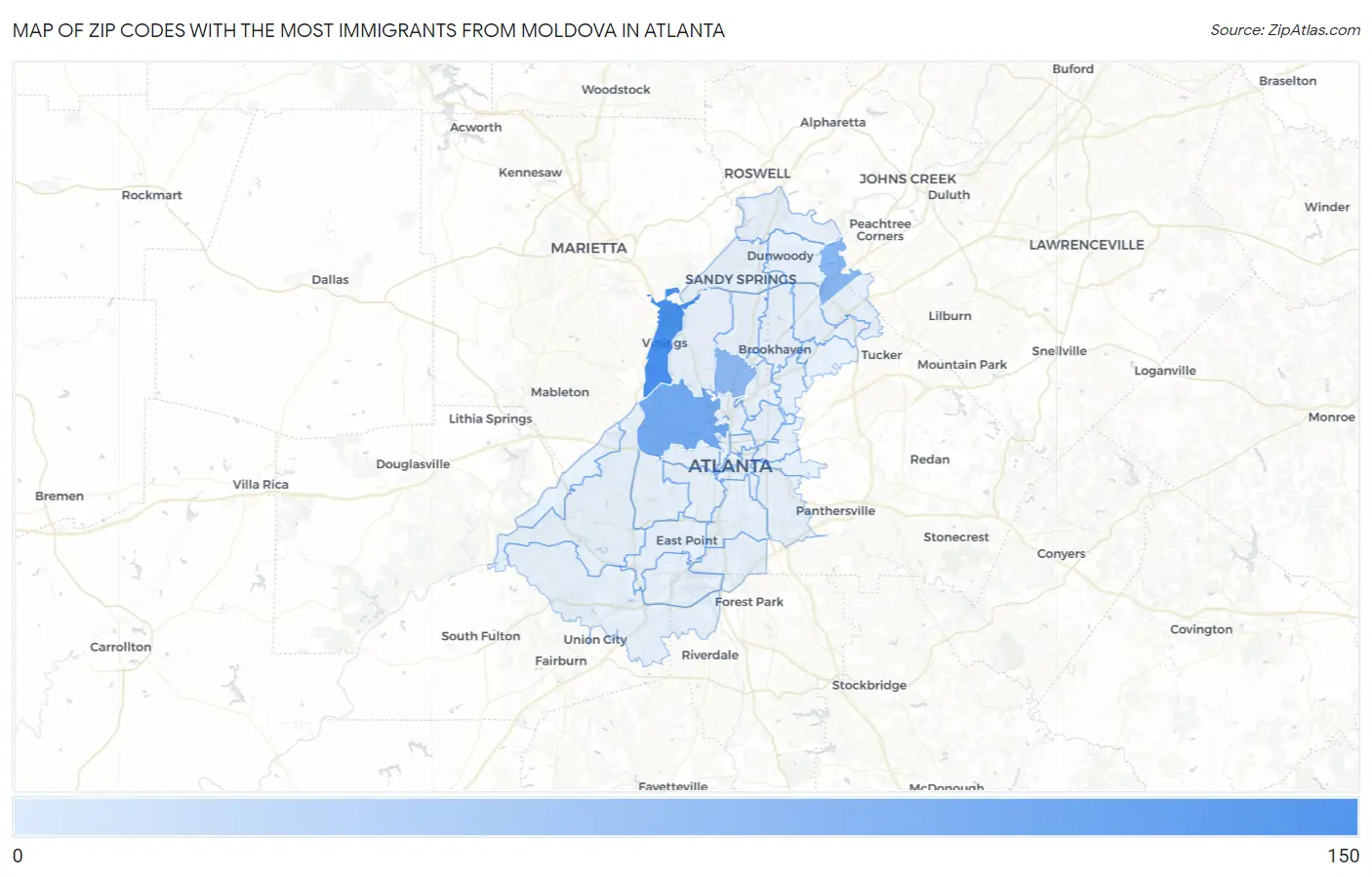 Zip Codes with the Most Immigrants from Moldova in Atlanta Map