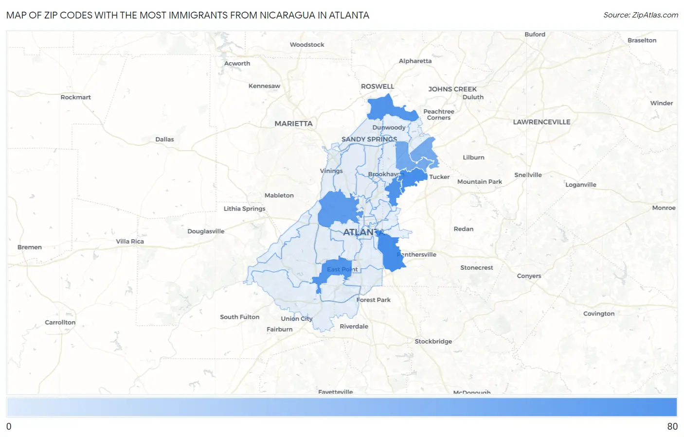Zip Codes with the Most Immigrants from Nicaragua in Atlanta Map