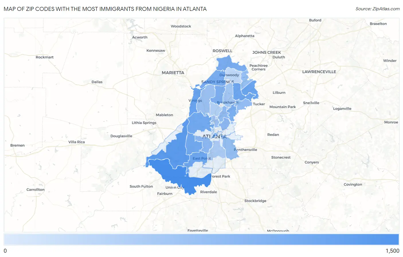 Zip Codes with the Most Immigrants from Nigeria in Atlanta Map
