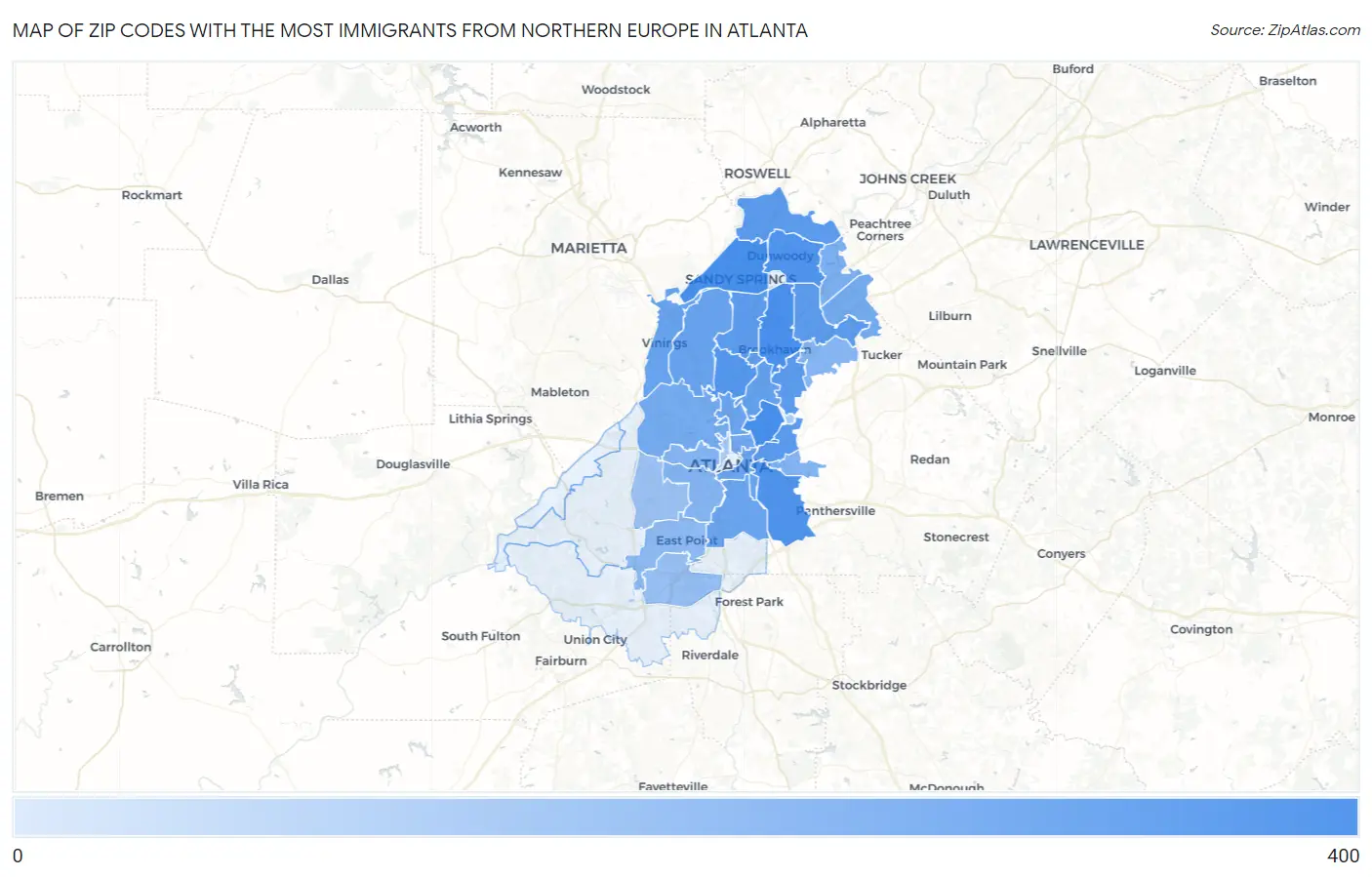 Zip Codes with the Most Immigrants from Northern Europe in Atlanta Map