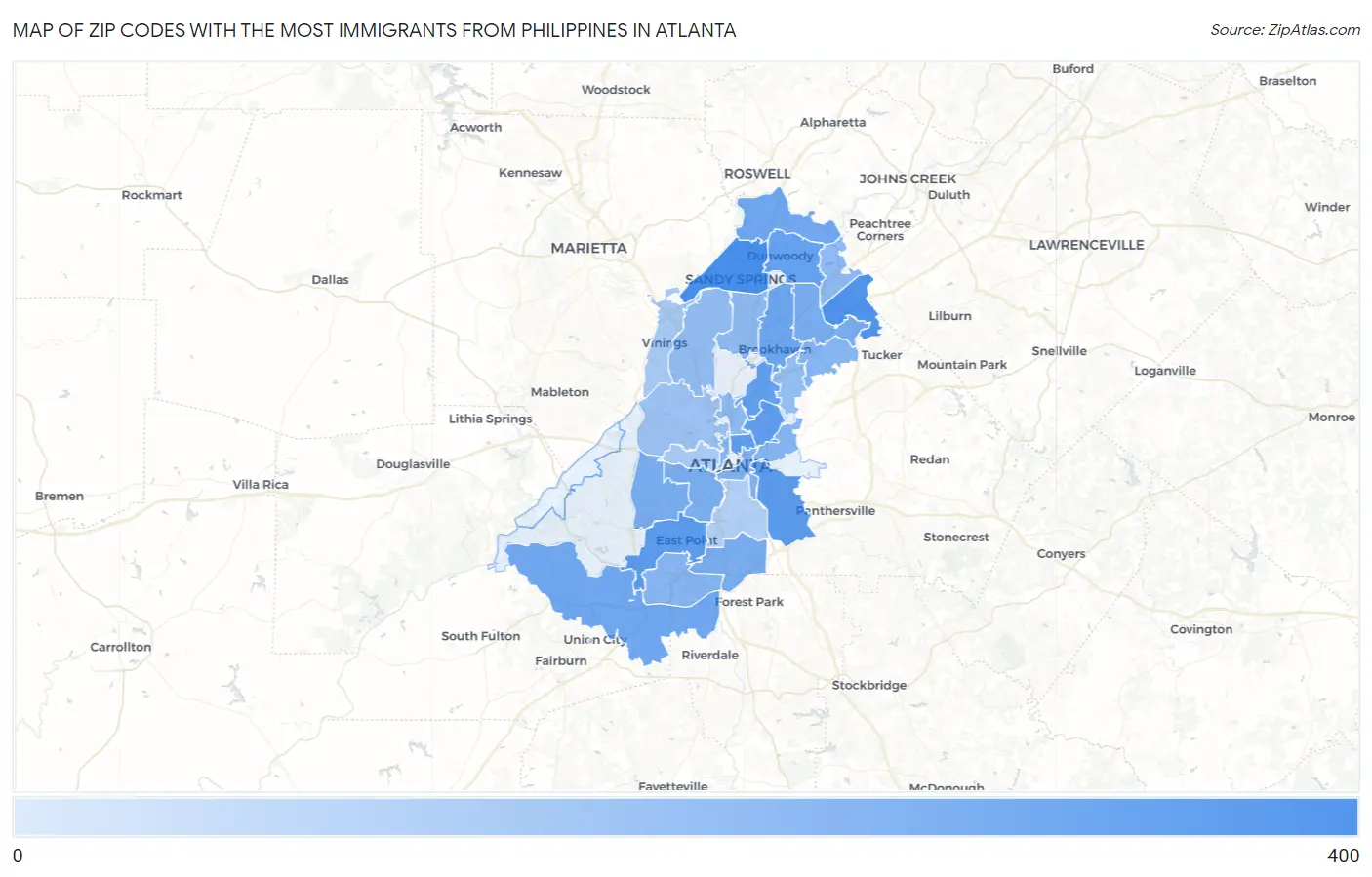 Zip Codes with the Most Immigrants from Philippines in Atlanta Map