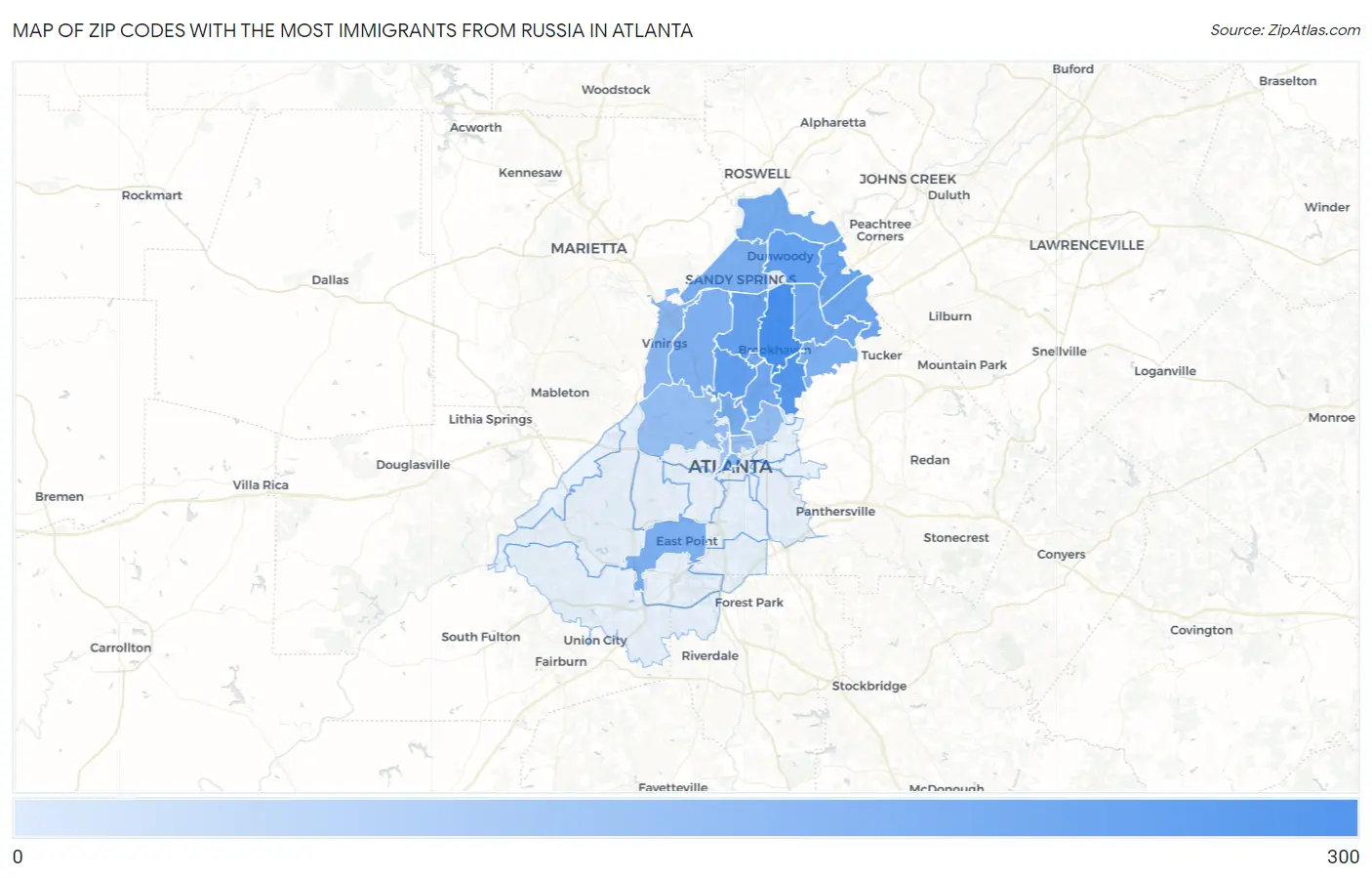 Zip Codes with the Most Immigrants from Russia in Atlanta Map