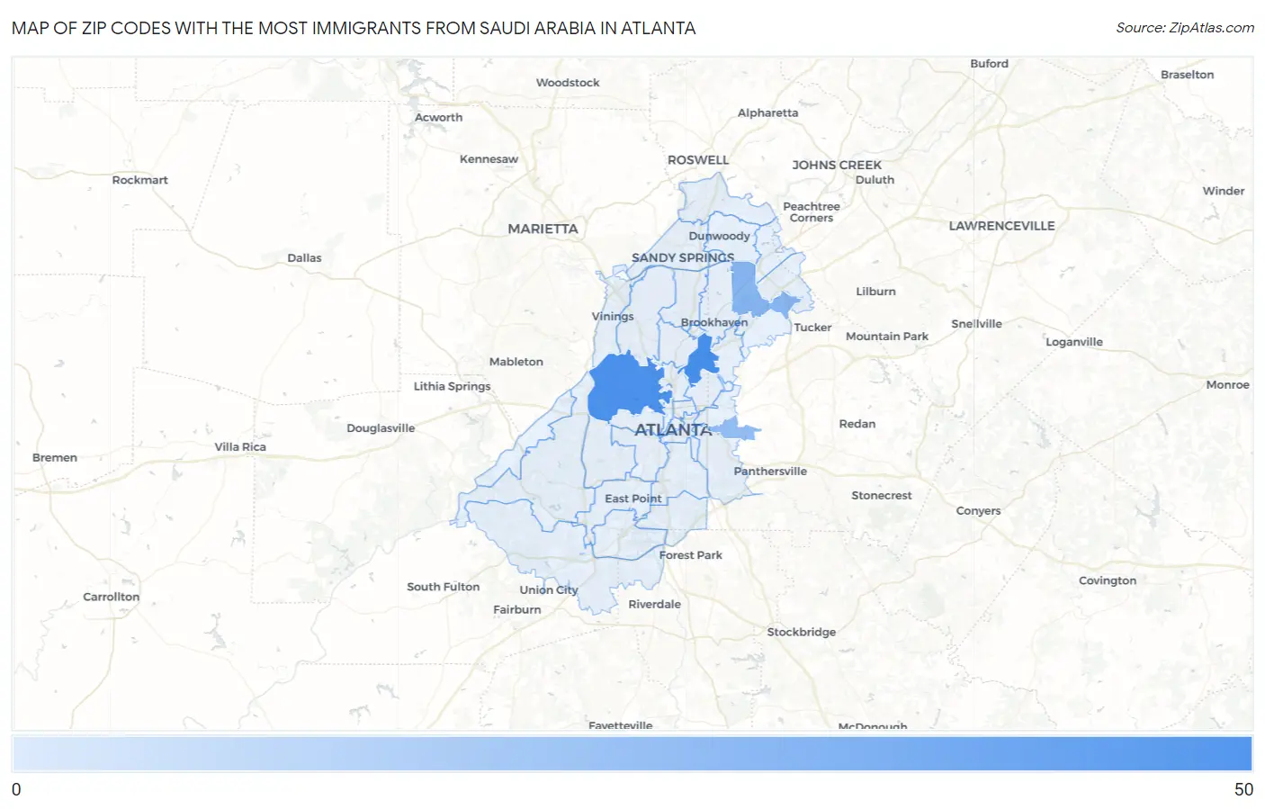 Zip Codes with the Most Immigrants from Saudi Arabia in Atlanta Map