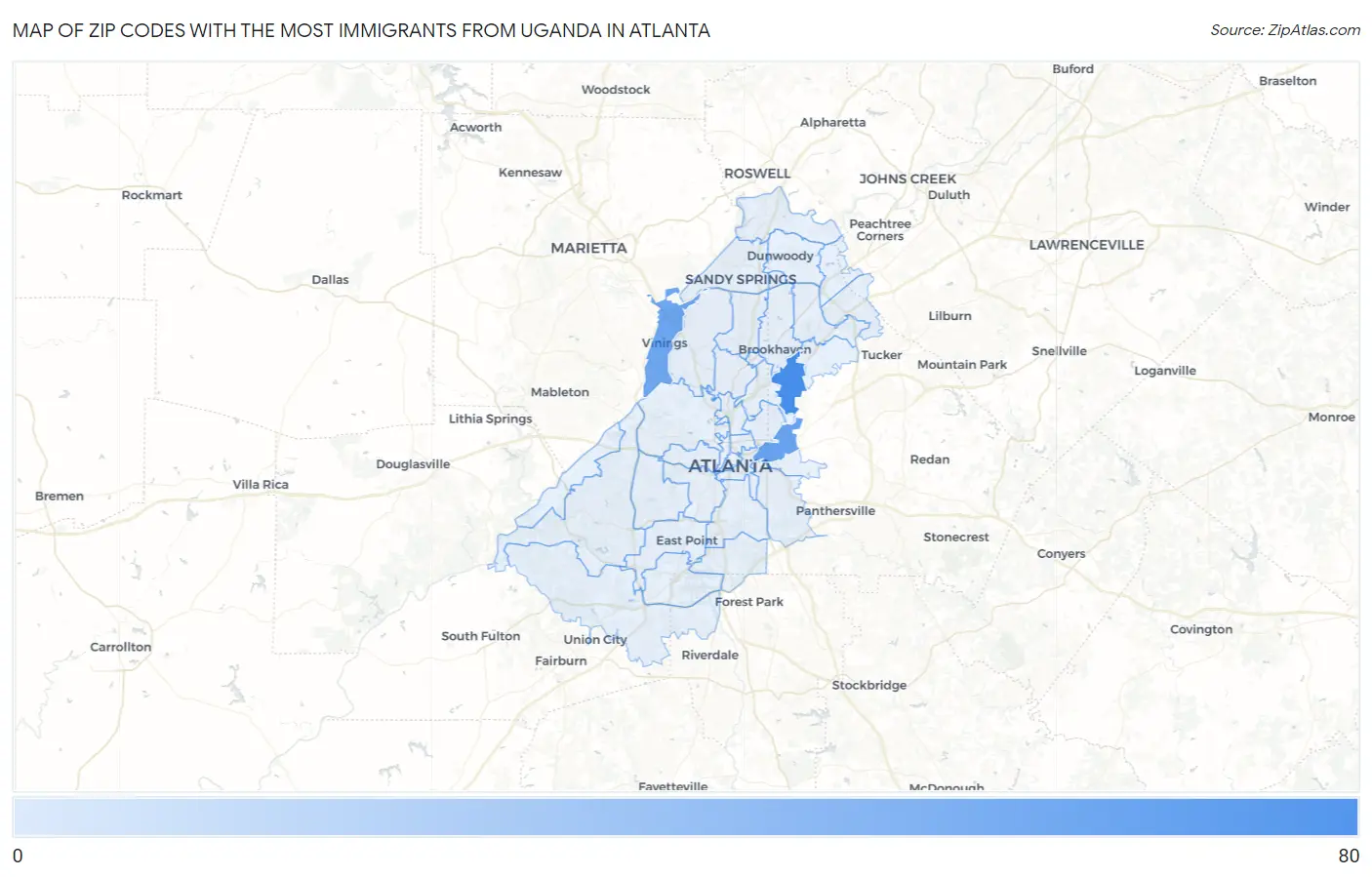 Zip Codes with the Most Immigrants from Uganda in Atlanta Map