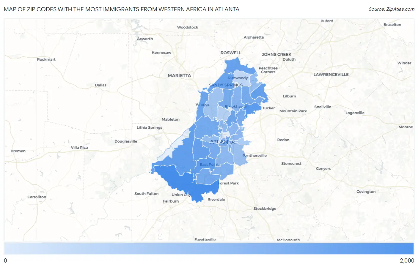 Zip Codes with the Most Immigrants from Western Africa in Atlanta Map