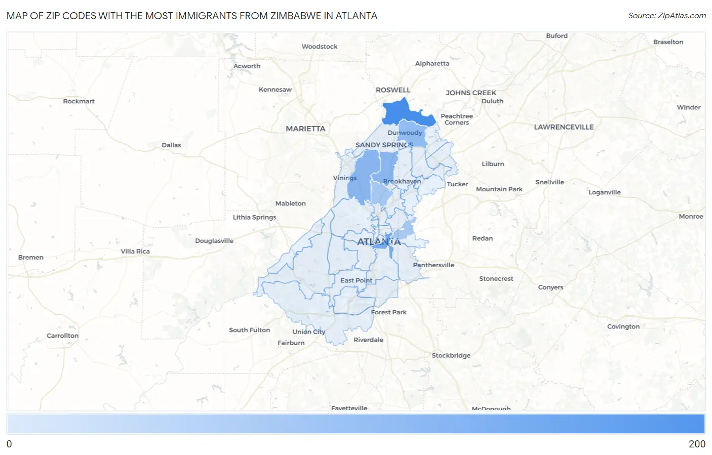 Zip Codes with the Most Immigrants from Zimbabwe in Atlanta Map