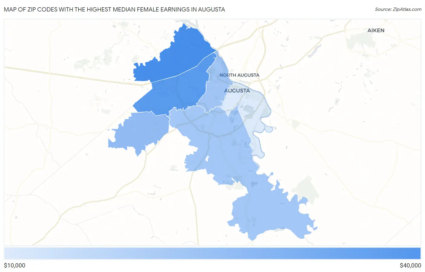 Zip Codes with the Highest Median Female Earnings in Augusta Map