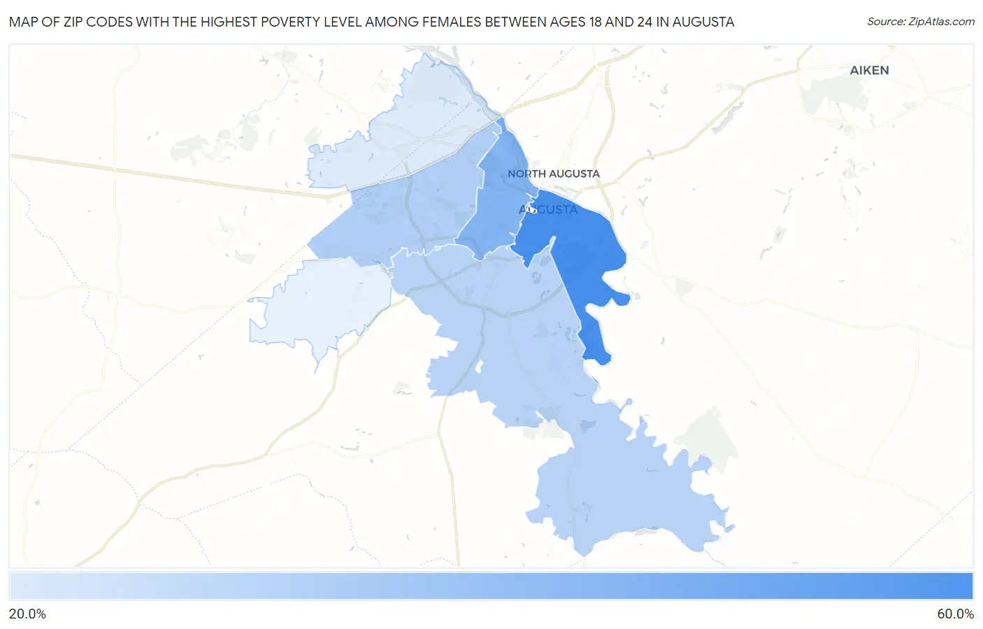 Zip Codes with the Highest Poverty Level Among Females Between Ages 18 and 24 in Augusta Map