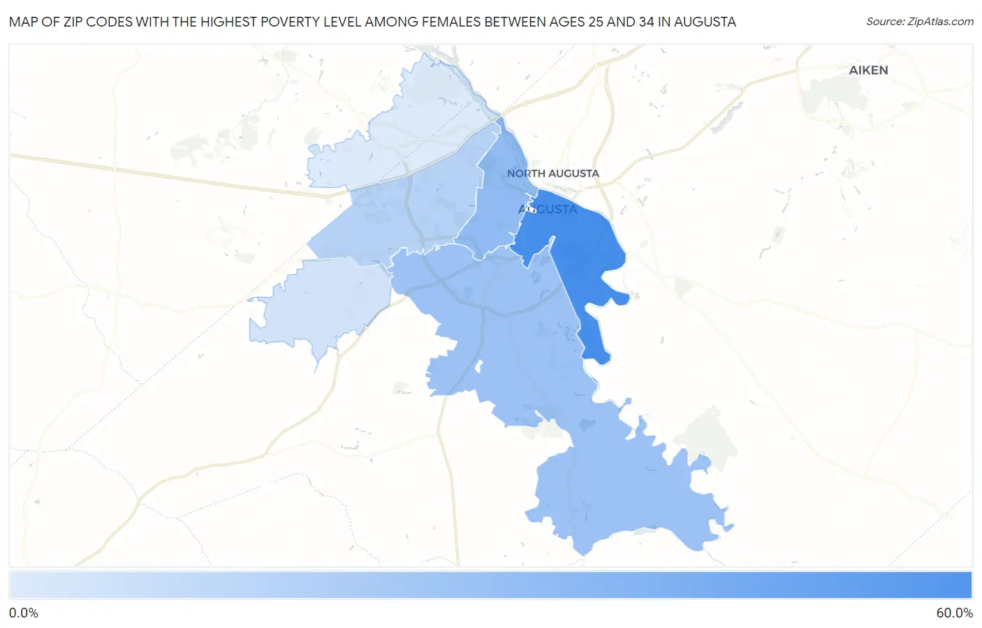 Zip Codes with the Highest Poverty Level Among Females Between Ages 25 and 34 in Augusta Map