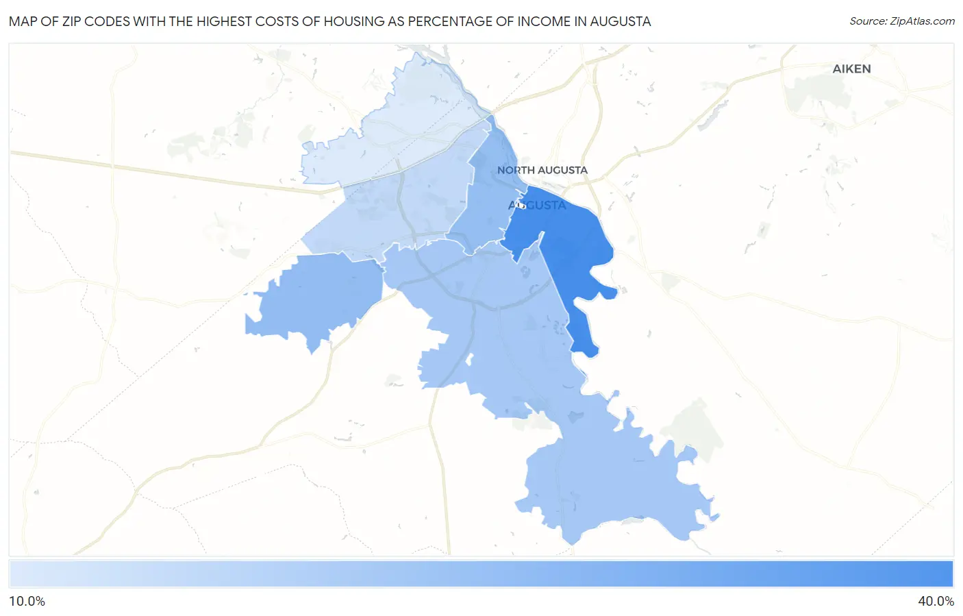 Zip Codes with the Highest Costs of Housing as Percentage of Income in Augusta Map