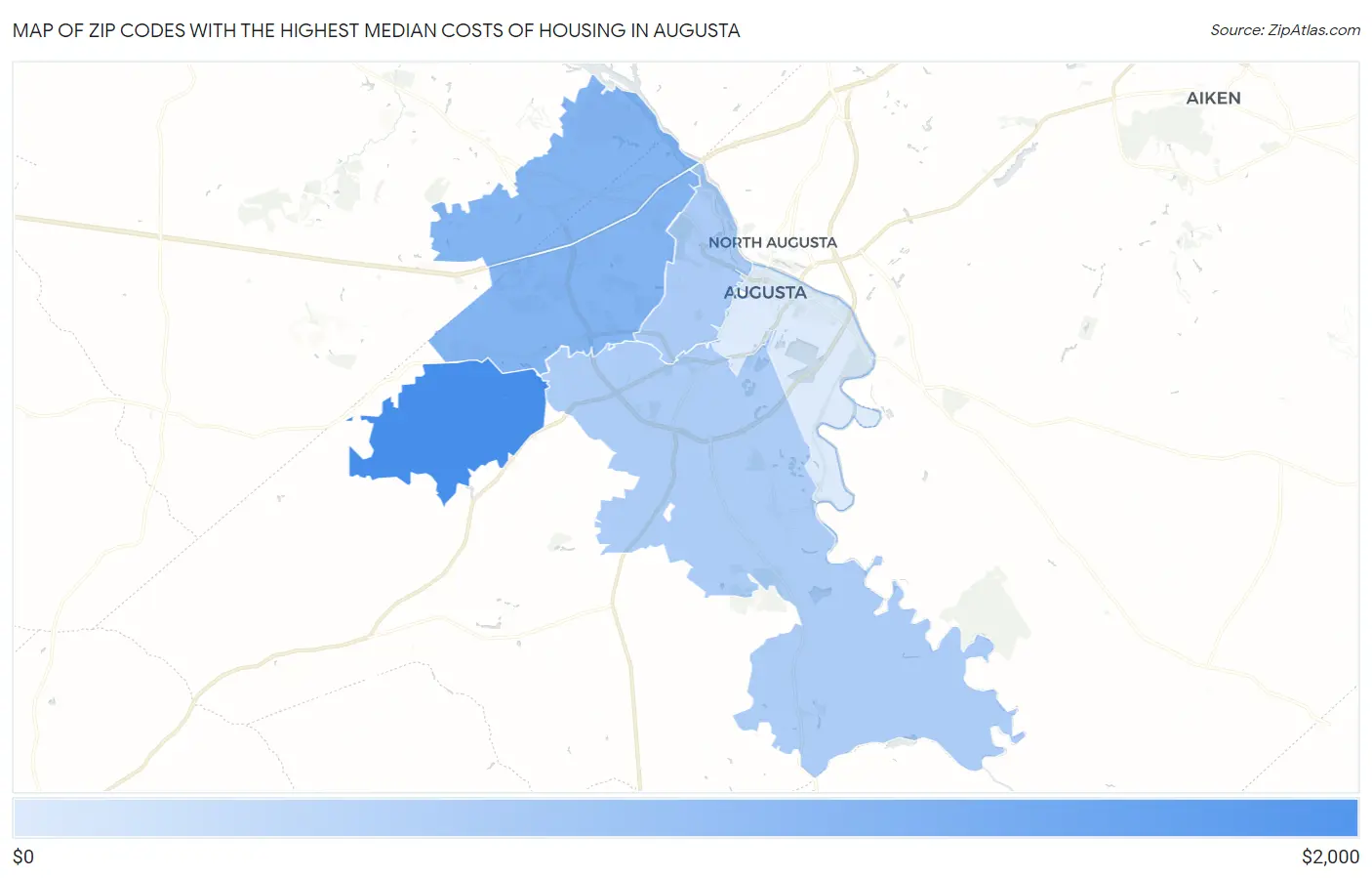 Zip Codes with the Highest Median Costs of Housing in Augusta Map