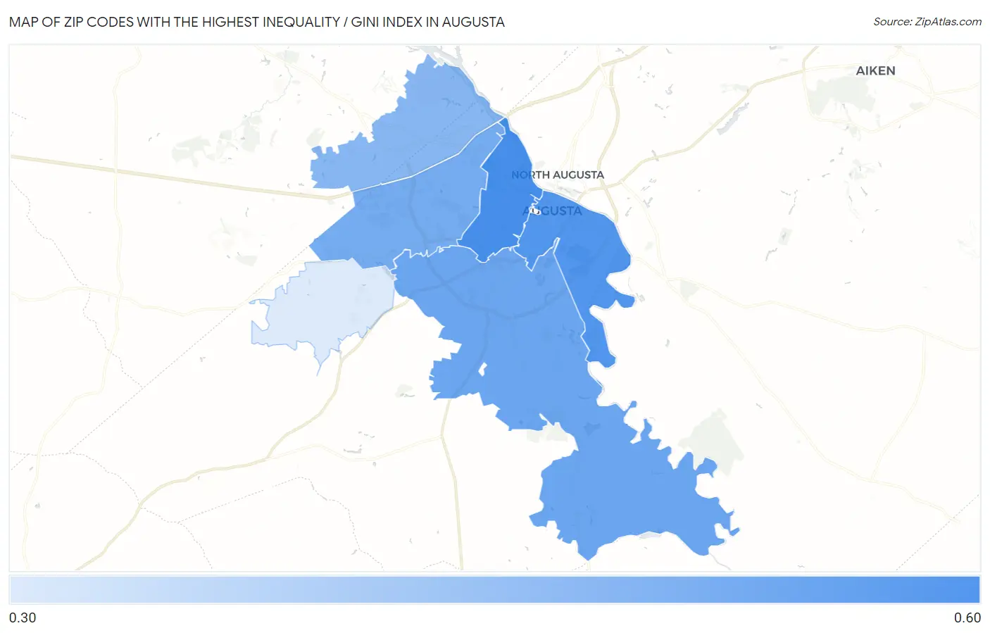Zip Codes with the Highest Inequality / Gini Index in Augusta Map