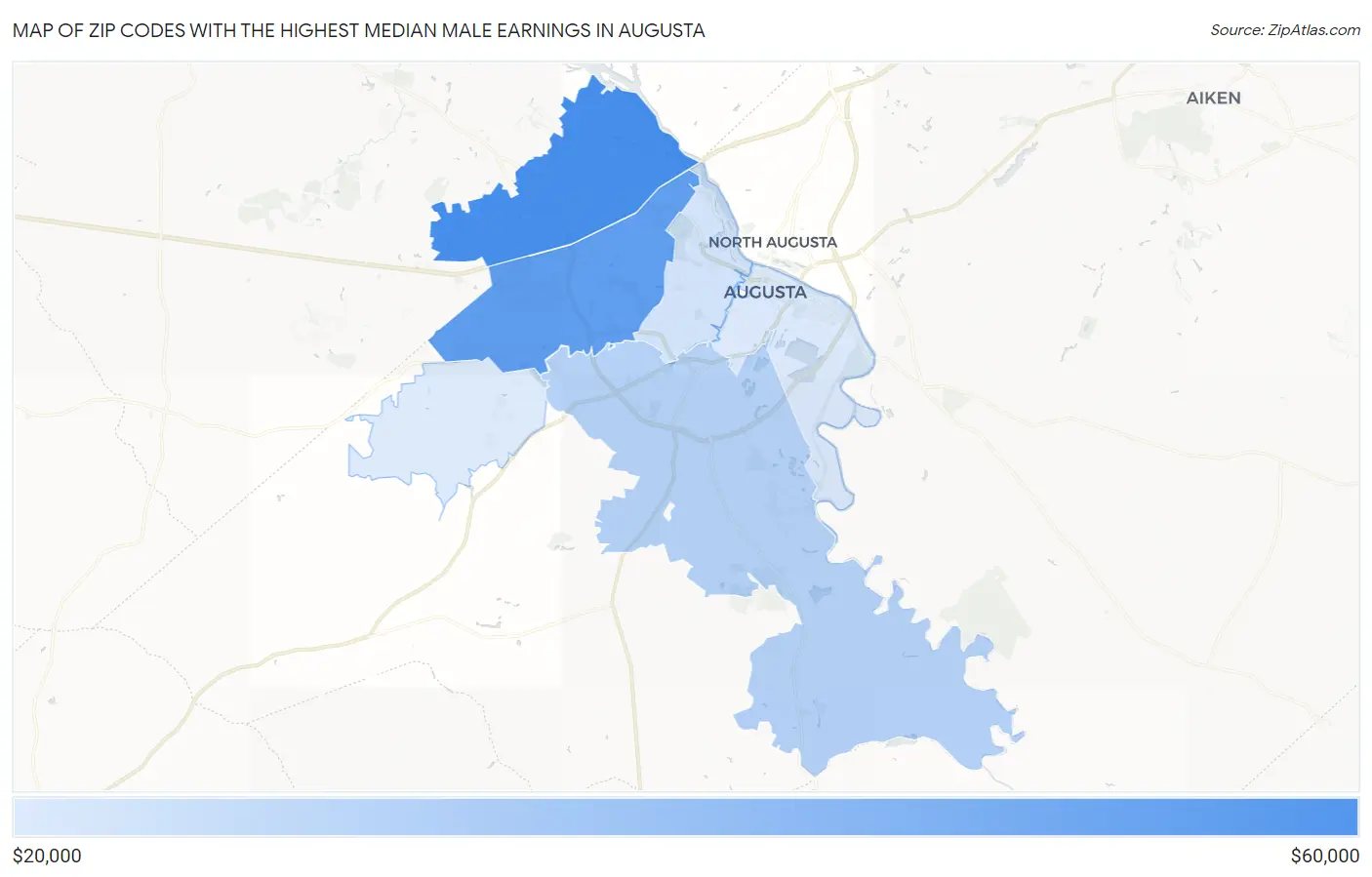 Zip Codes with the Highest Median Male Earnings in Augusta Map