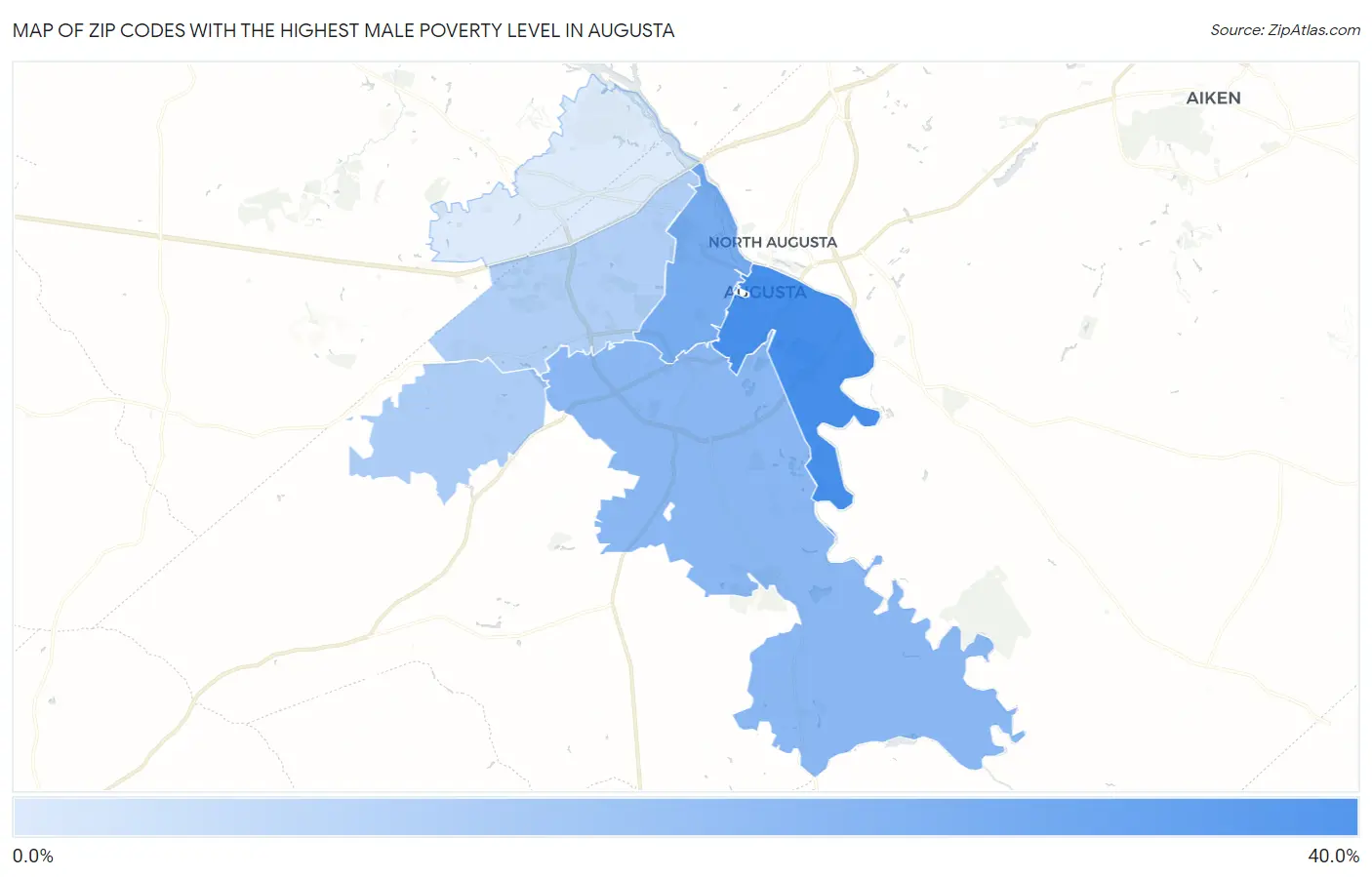 Zip Codes with the Highest Male Poverty Level in Augusta Map