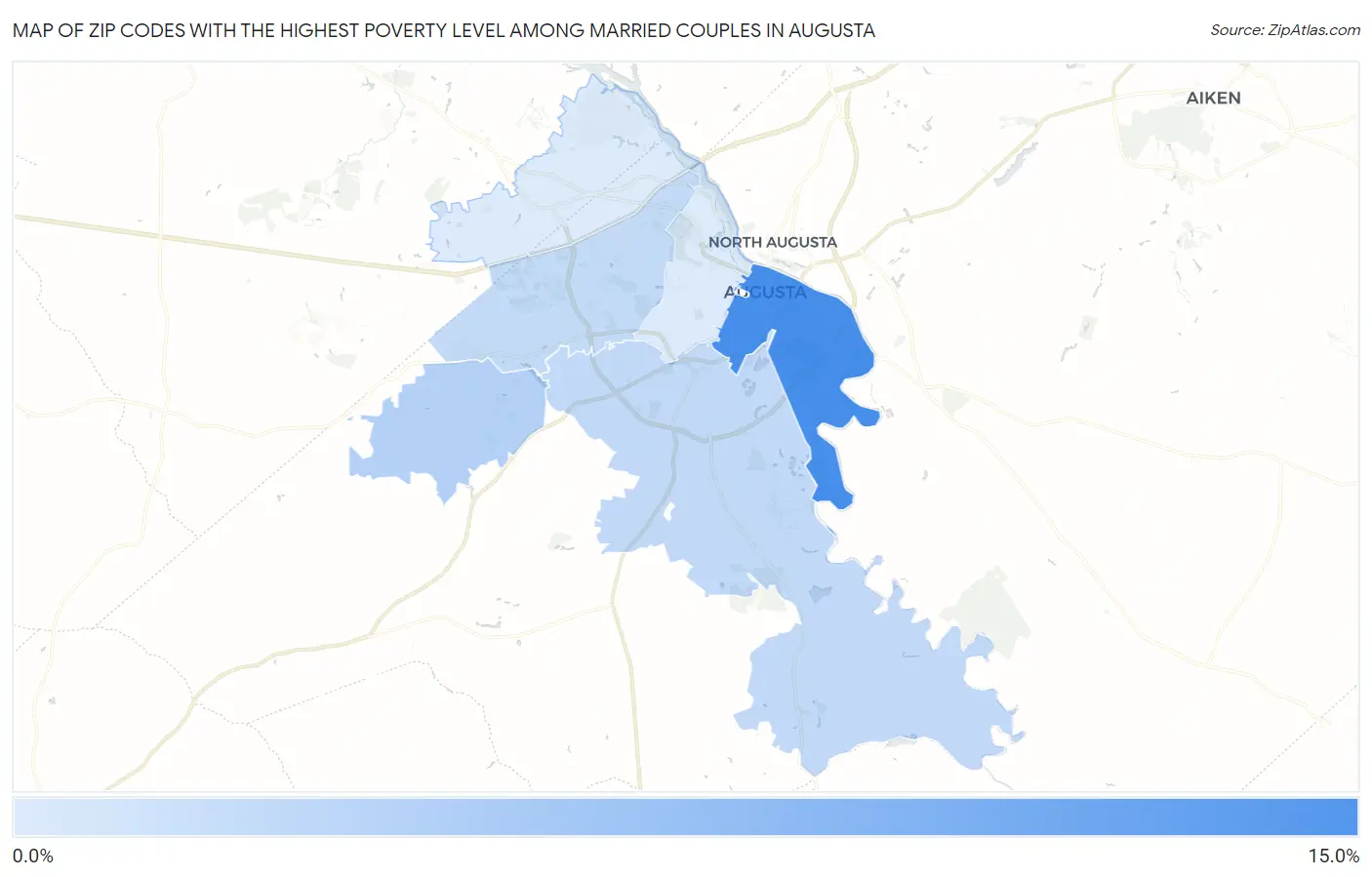 Zip Codes with the Highest Poverty Level Among Married Couples in Augusta Map