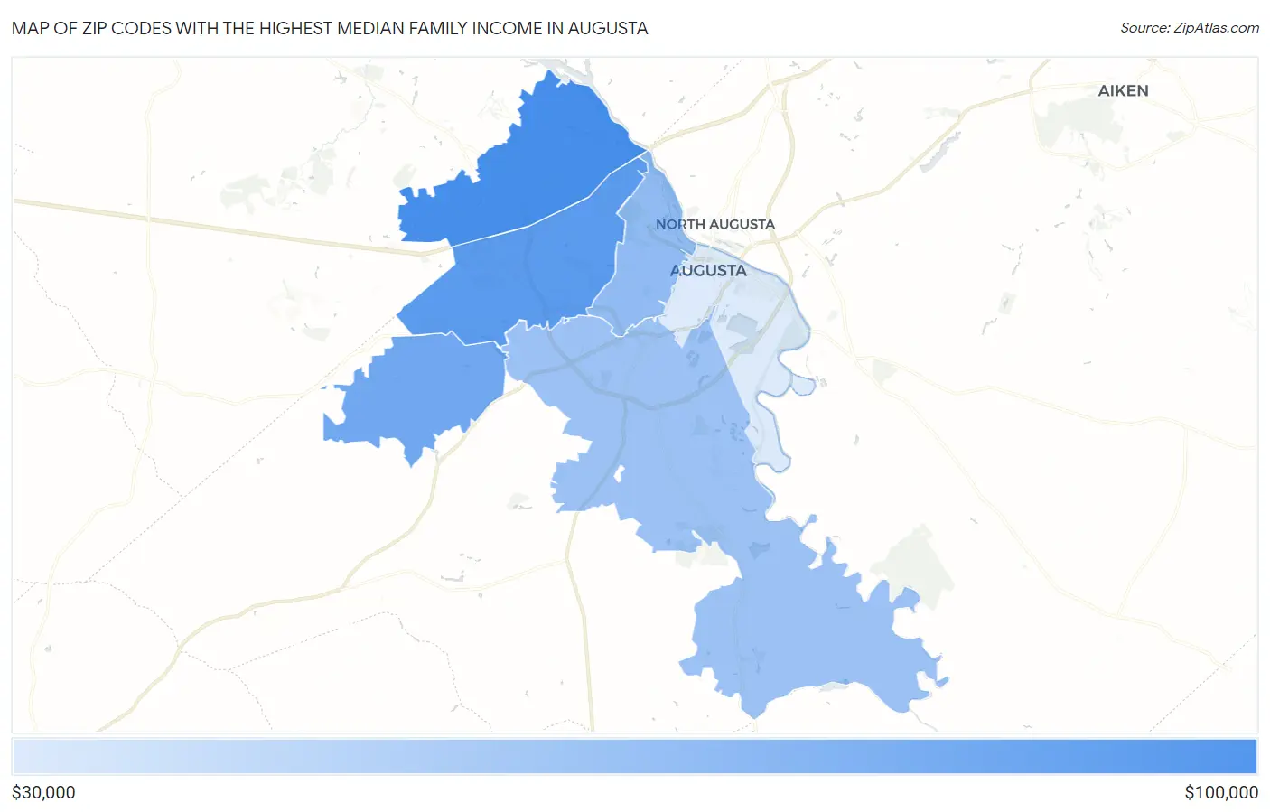 Zip Codes with the Highest Median Family Income in Augusta Map
