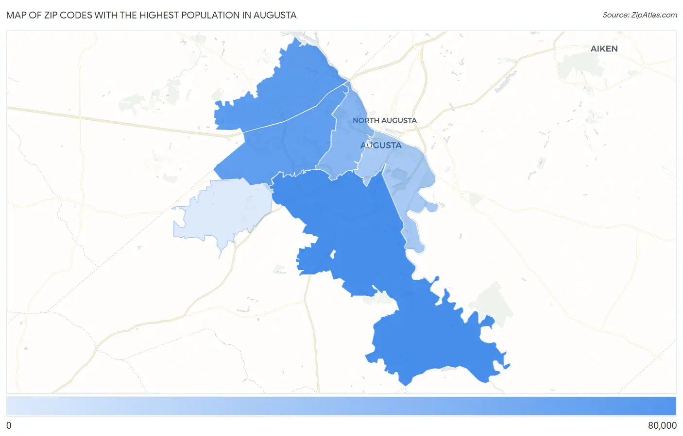 Zip Codes with the Highest Population in Augusta Map