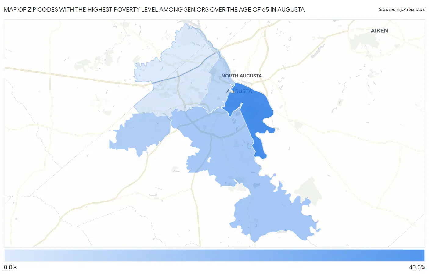 Zip Codes with the Highest Poverty Level Among Seniors Over the Age of 65 in Augusta Map