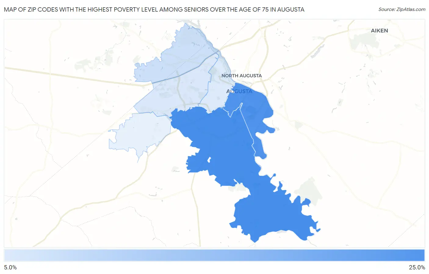 Zip Codes with the Highest Poverty Level Among Seniors Over the Age of 75 in Augusta Map