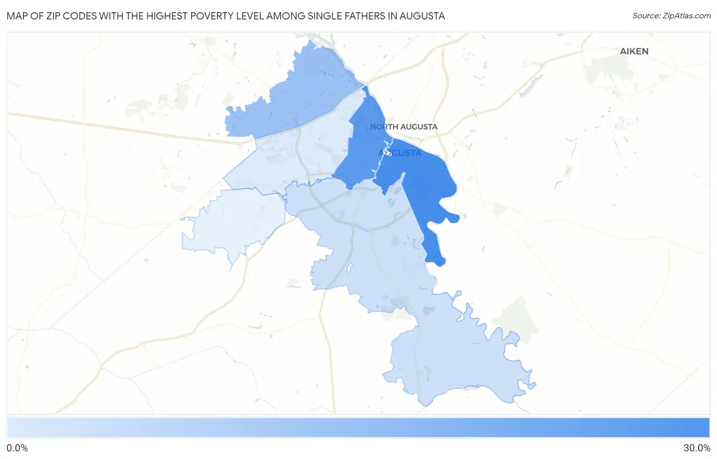 Zip Codes with the Highest Poverty Level Among Single Fathers in Augusta Map