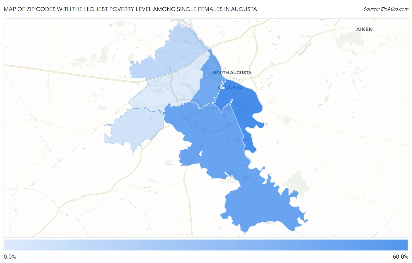 Zip Codes with the Highest Poverty Level Among Single Females in Augusta Map