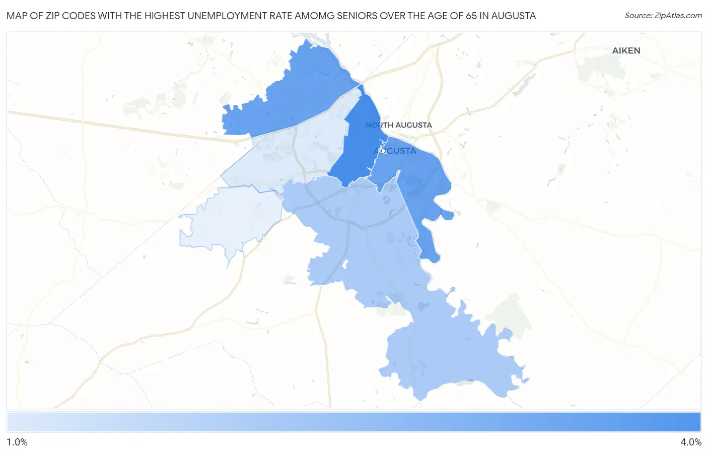 Zip Codes with the Highest Unemployment Rate Amomg Seniors Over the Age of 65 in Augusta Map