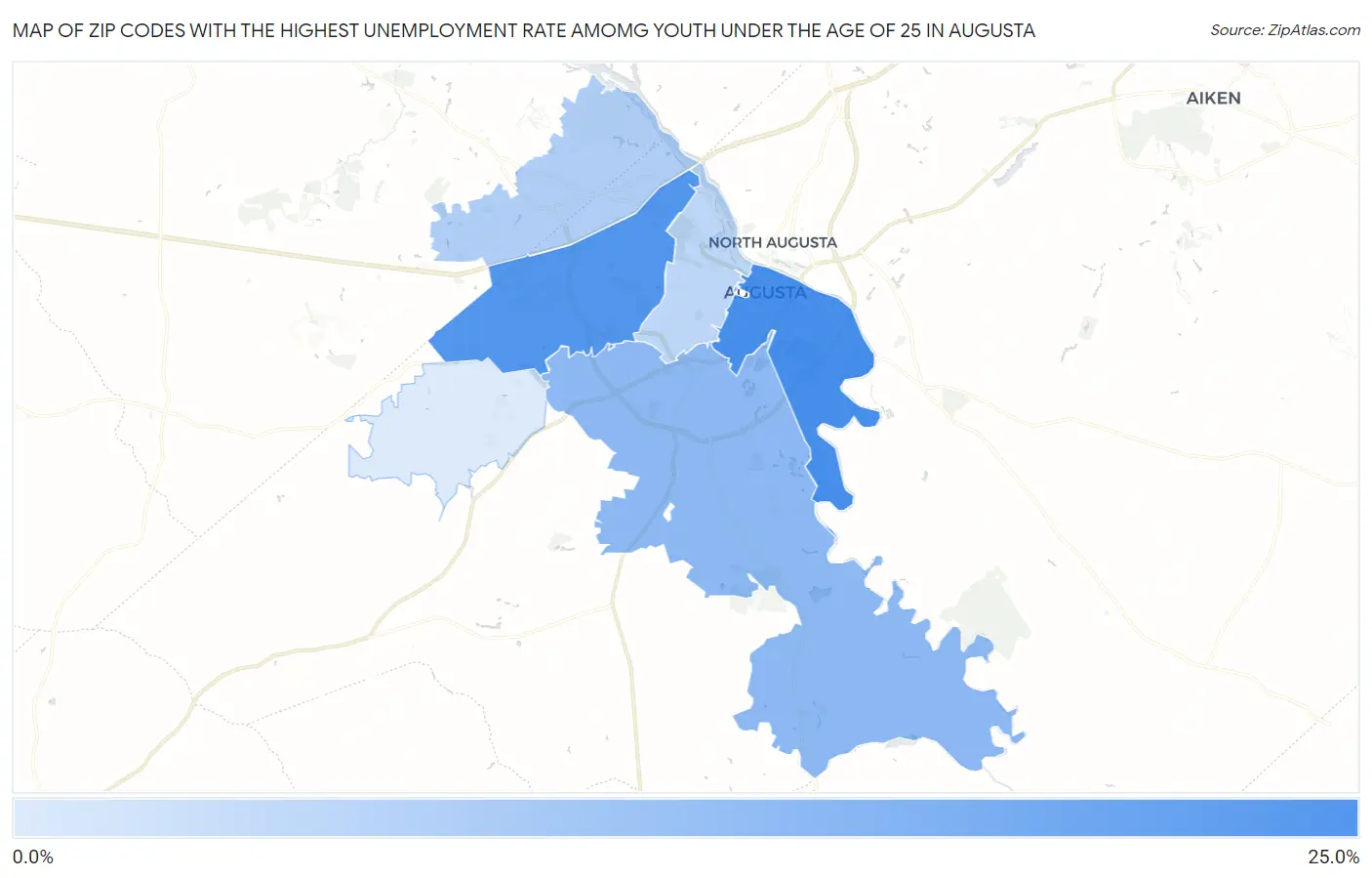 Zip Codes with the Highest Unemployment Rate Amomg Youth Under the Age of 25 in Augusta Map