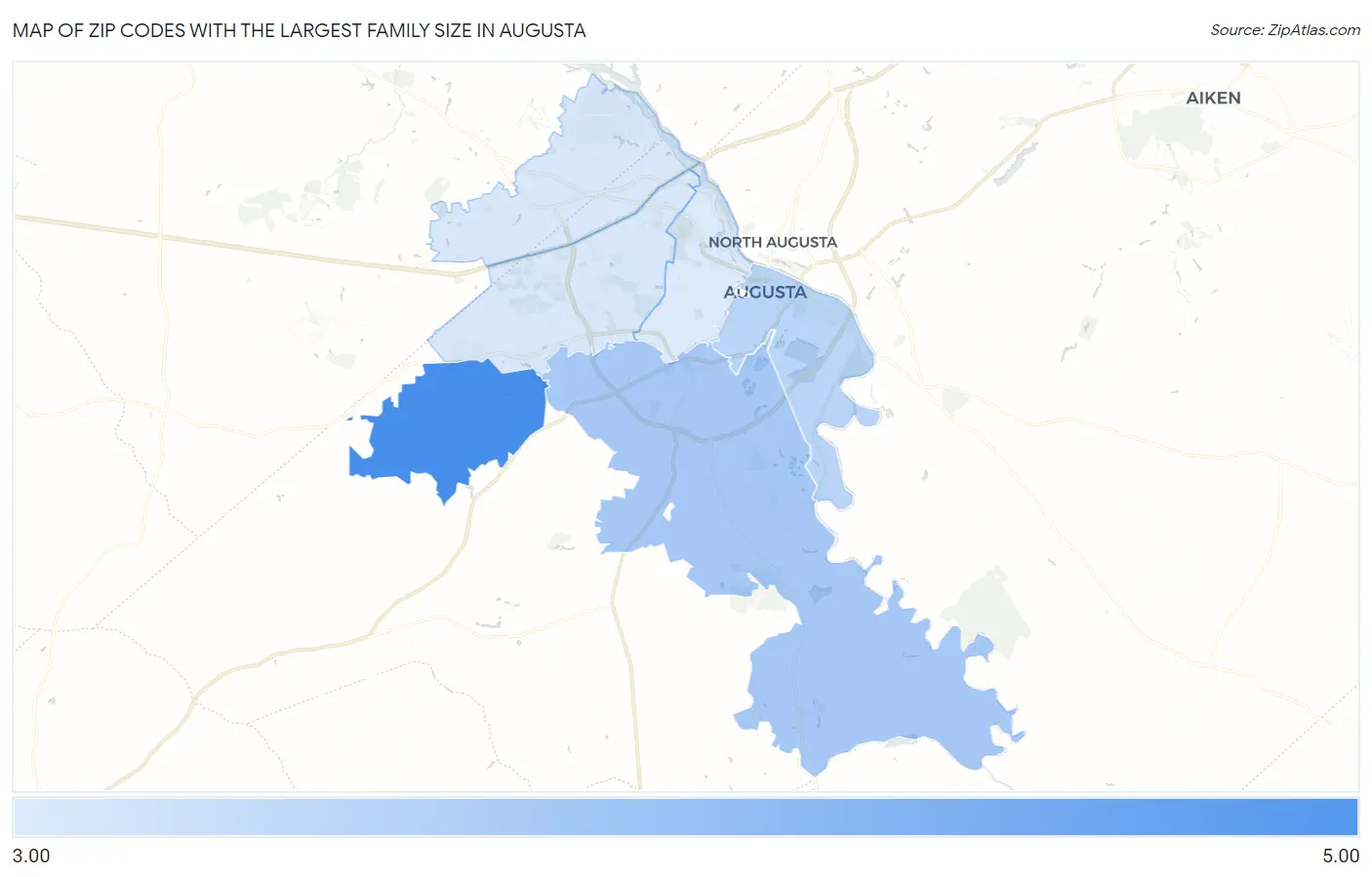 Zip Codes with the Largest Family Size in Augusta Map