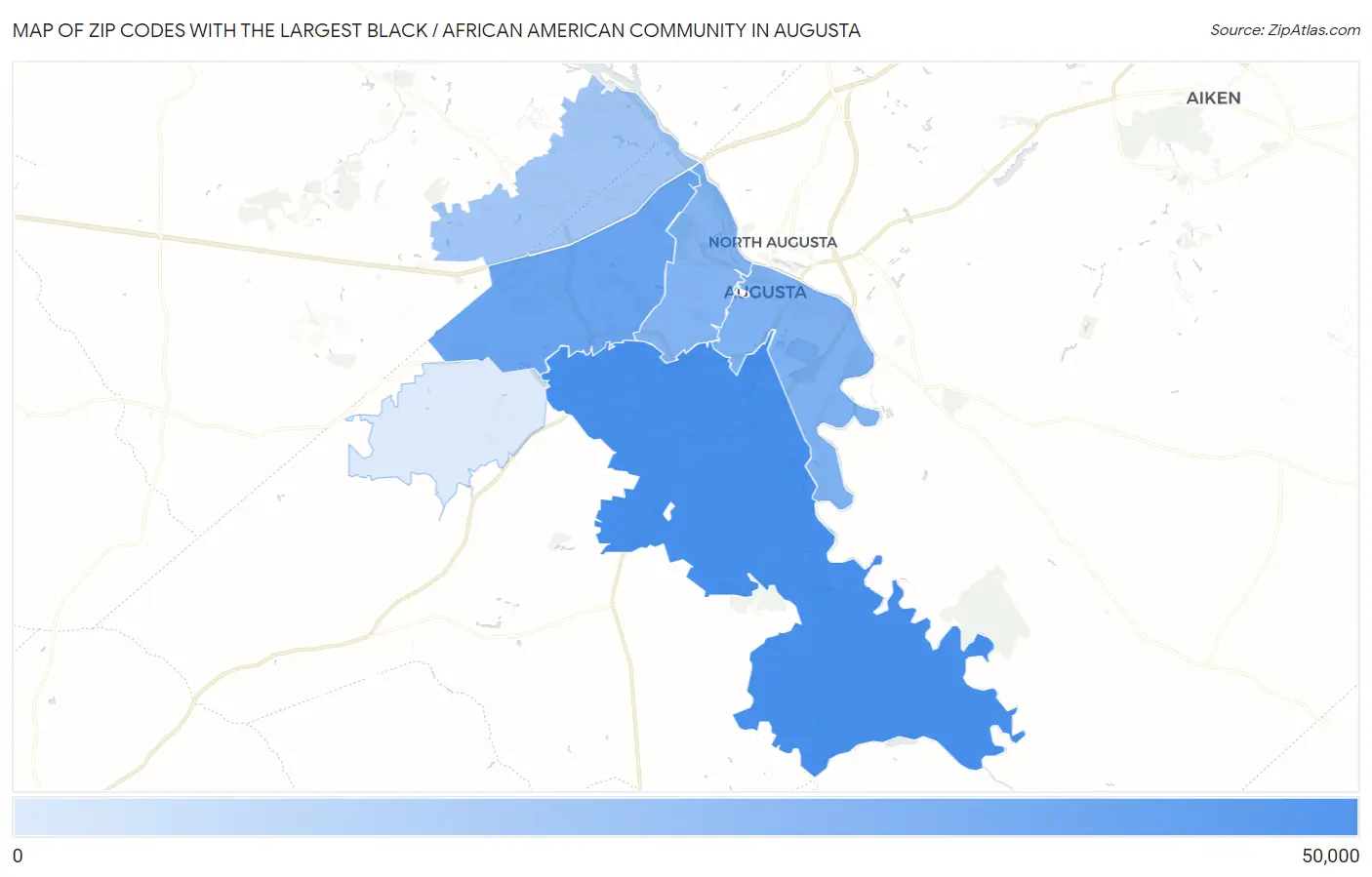 Zip Codes with the Largest Black / African American Community in Augusta Map