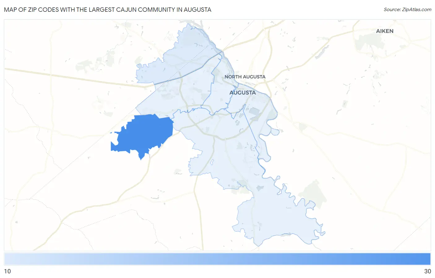 Zip Codes with the Largest Cajun Community in Augusta Map