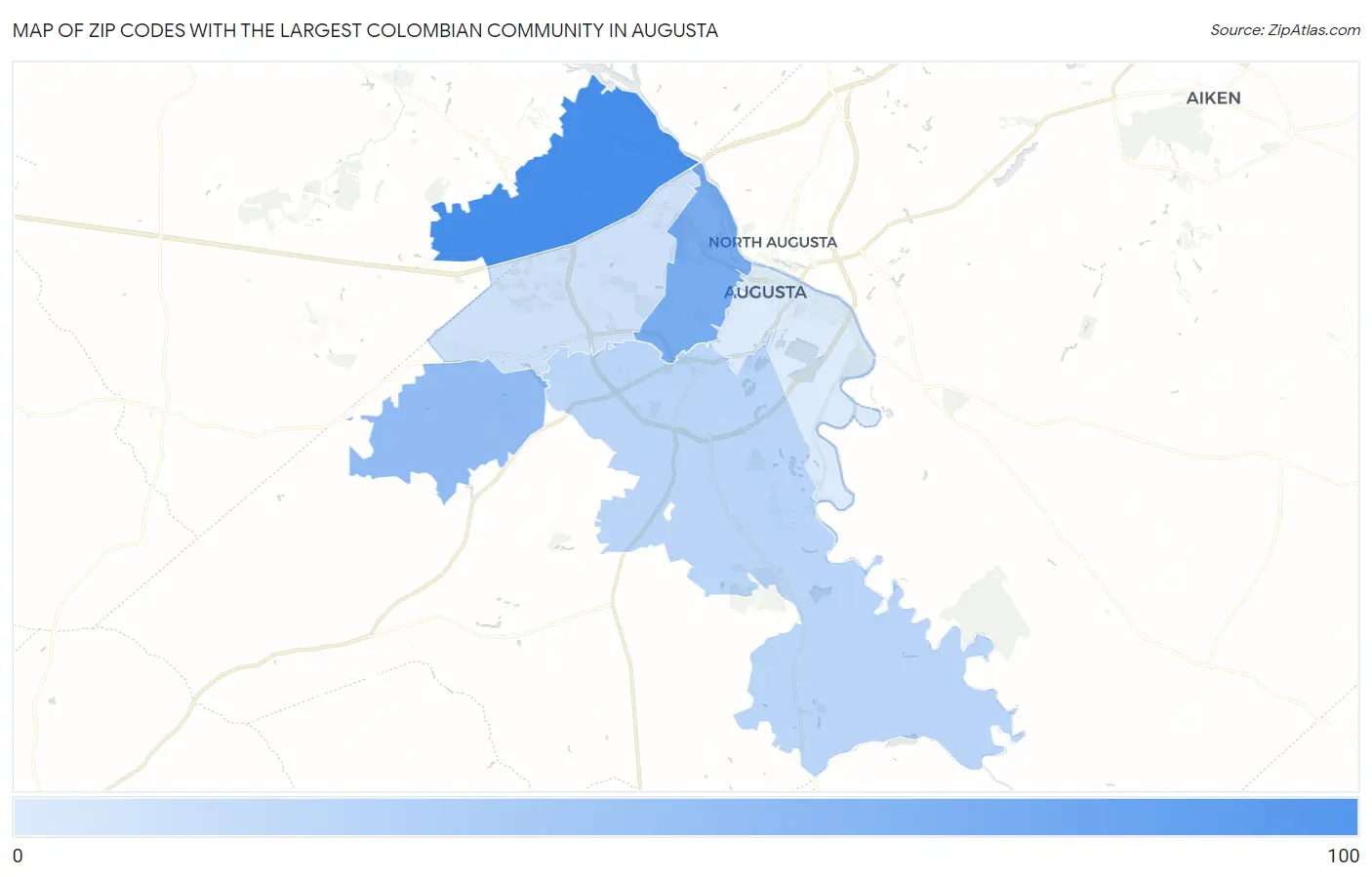 Zip Codes with the Largest Colombian Community in Augusta Map