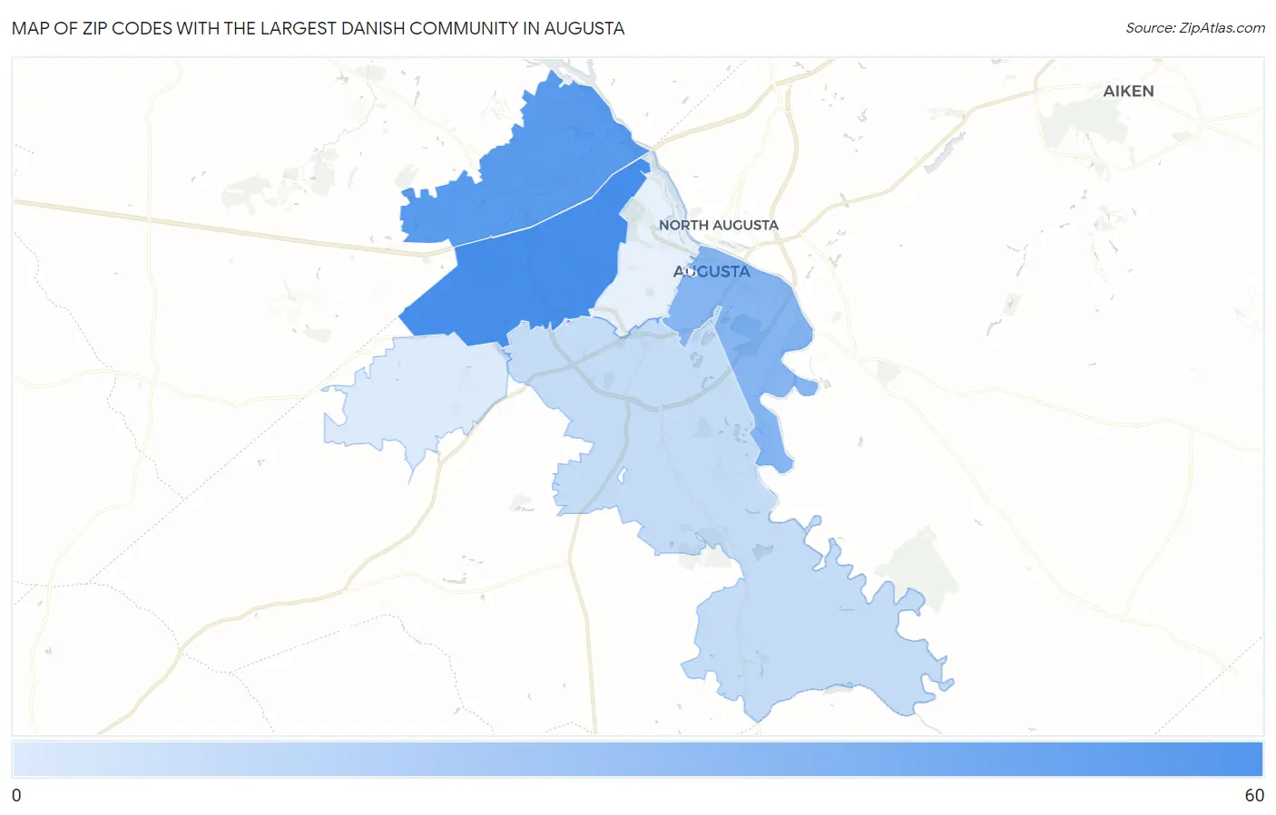 Zip Codes with the Largest Danish Community in Augusta Map