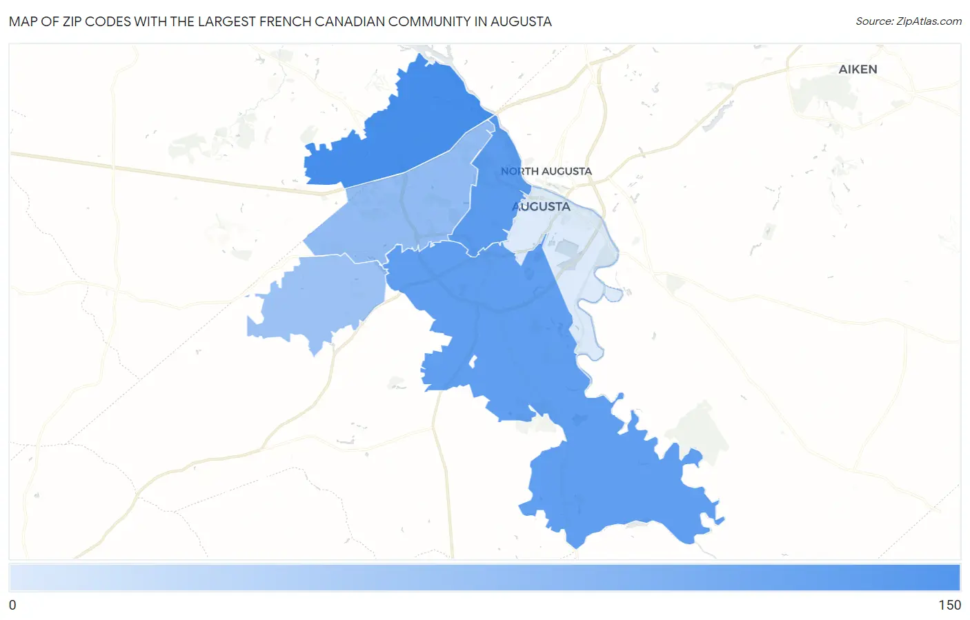 Zip Codes with the Largest French Canadian Community in Augusta Map