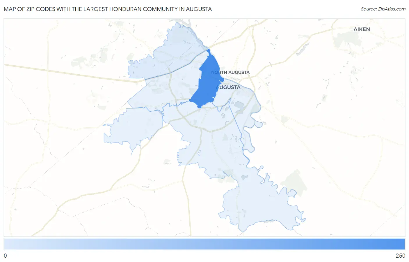 Zip Codes with the Largest Honduran Community in Augusta Map