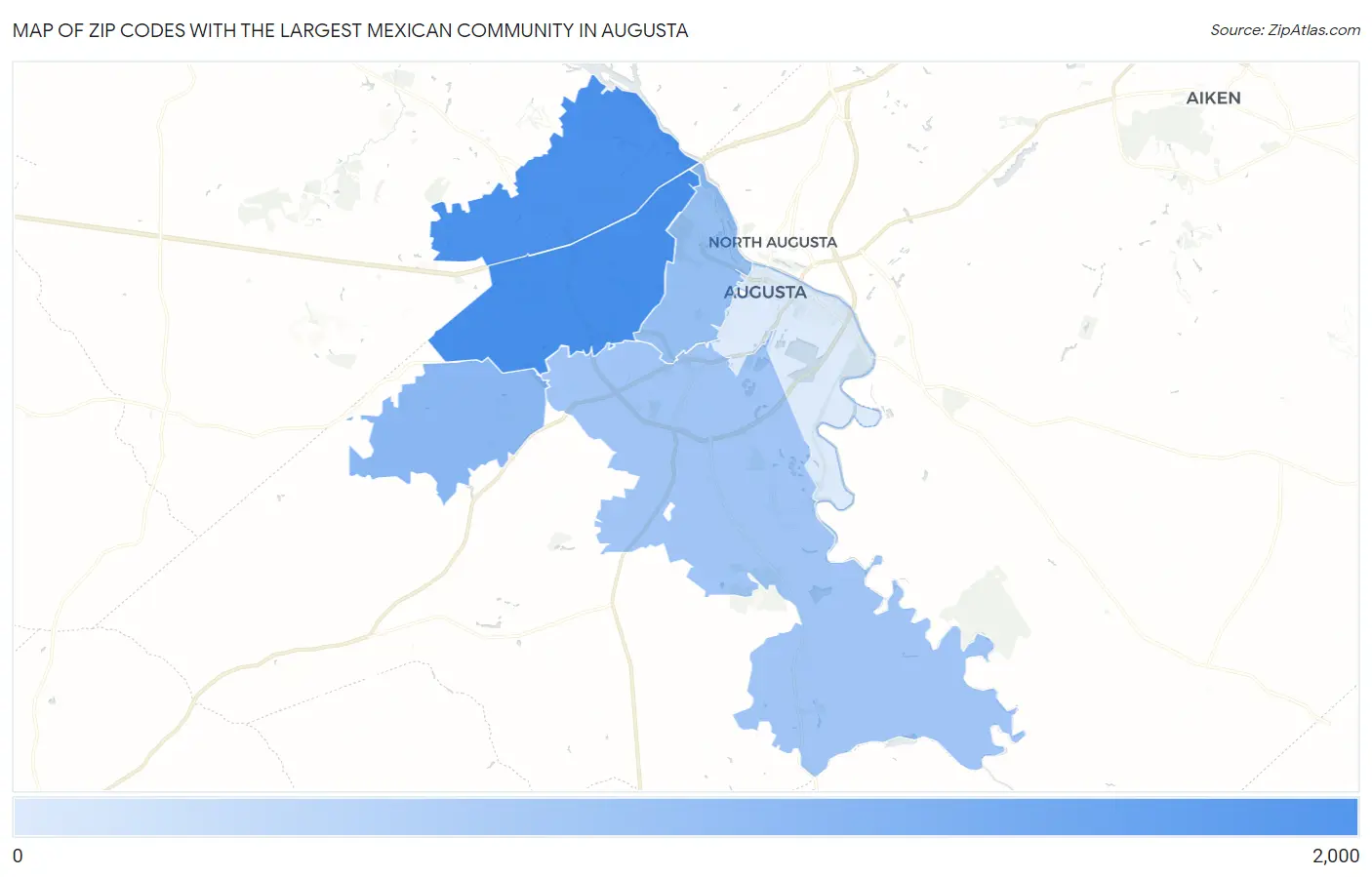 Zip Codes with the Largest Mexican Community in Augusta Map