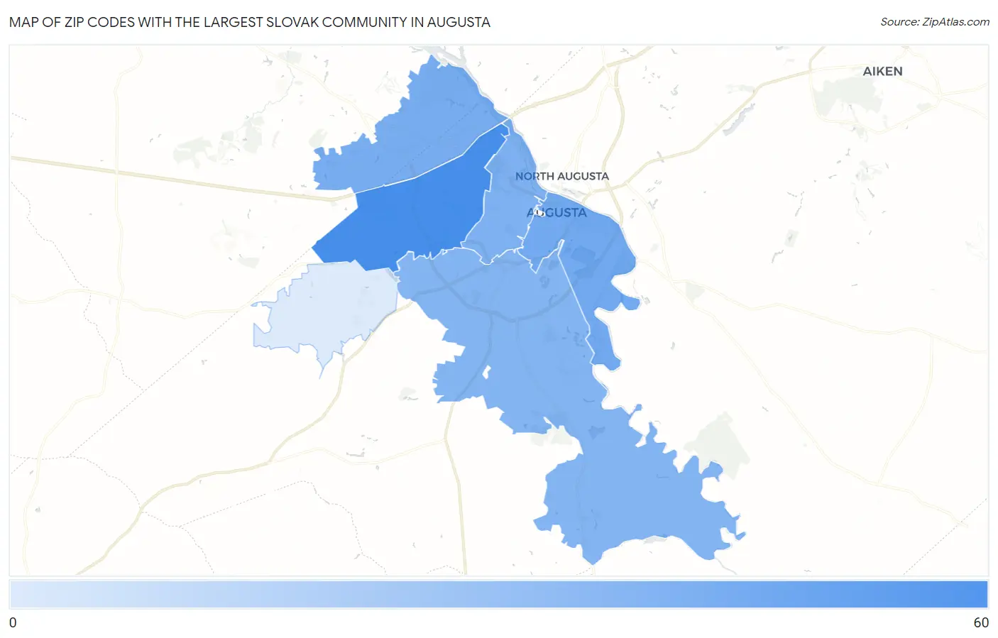 Zip Codes with the Largest Slovak Community in Augusta Map