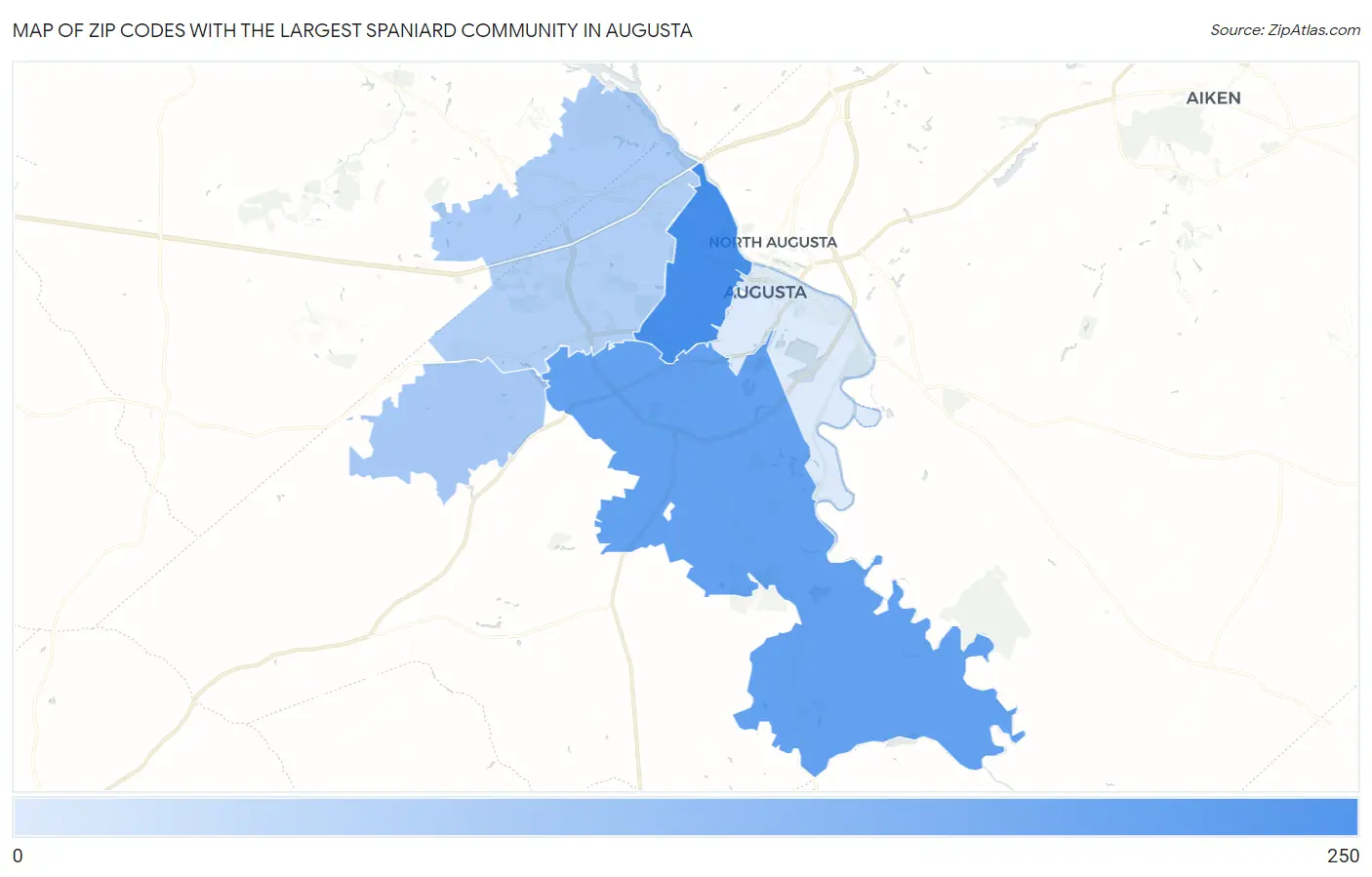 Zip Codes with the Largest Spaniard Community in Augusta Map