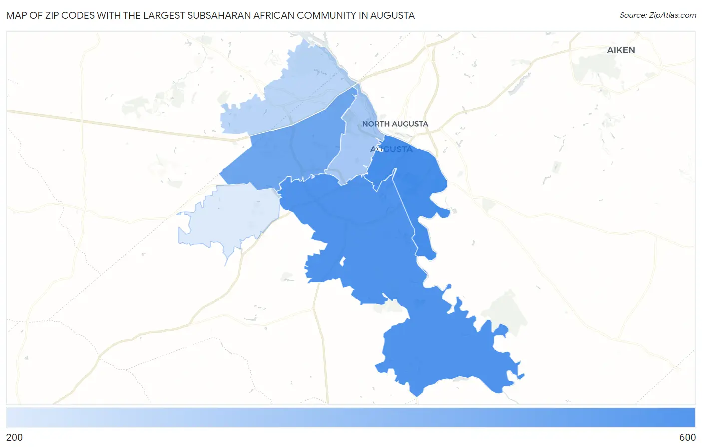 Zip Codes with the Largest Subsaharan African Community in Augusta Map