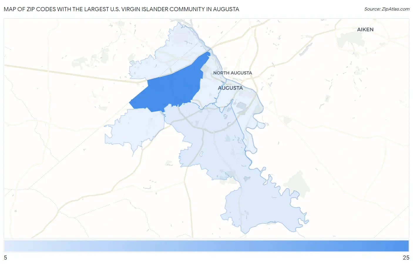 Zip Codes with the Largest U.S. Virgin Islander Community in Augusta Map