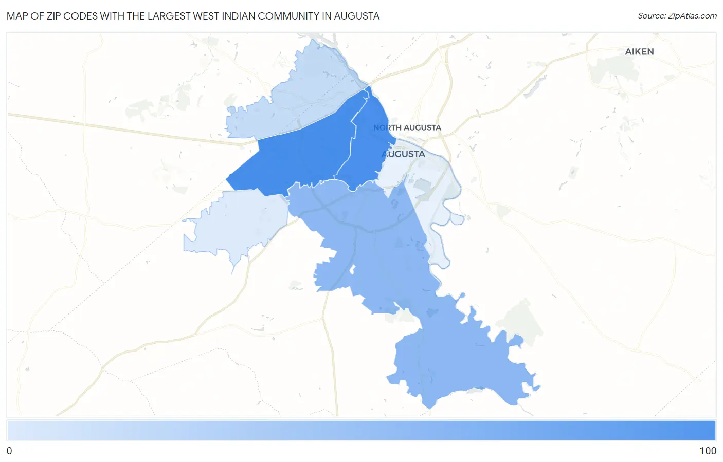 Zip Codes with the Largest West Indian Community in Augusta Map
