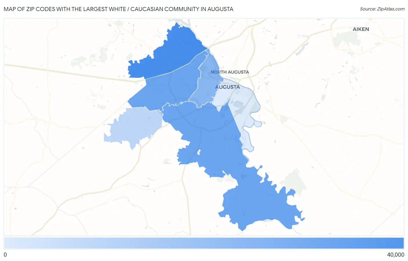 Zip Codes with the Largest White / Caucasian Community in Augusta Map