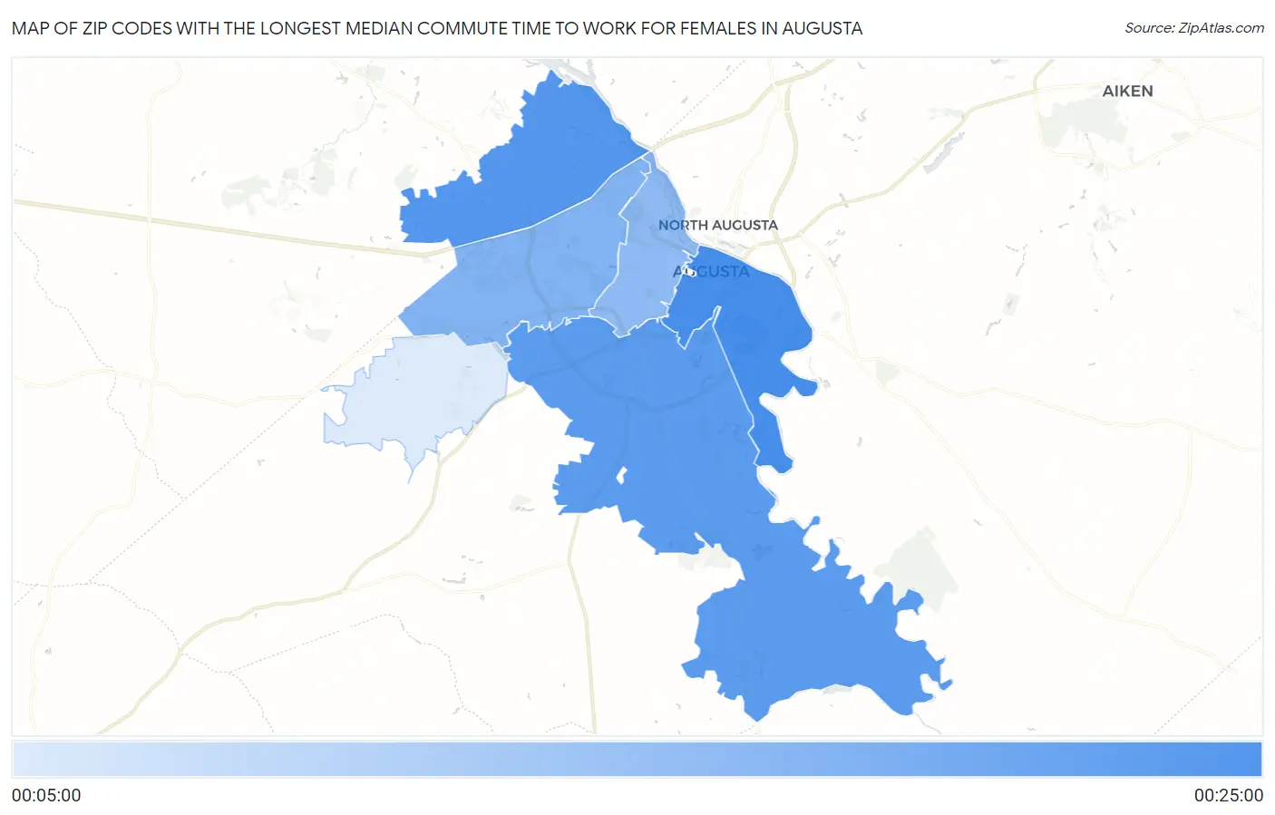 Zip Codes with the Longest Median Commute Time to Work for Females in Augusta Map