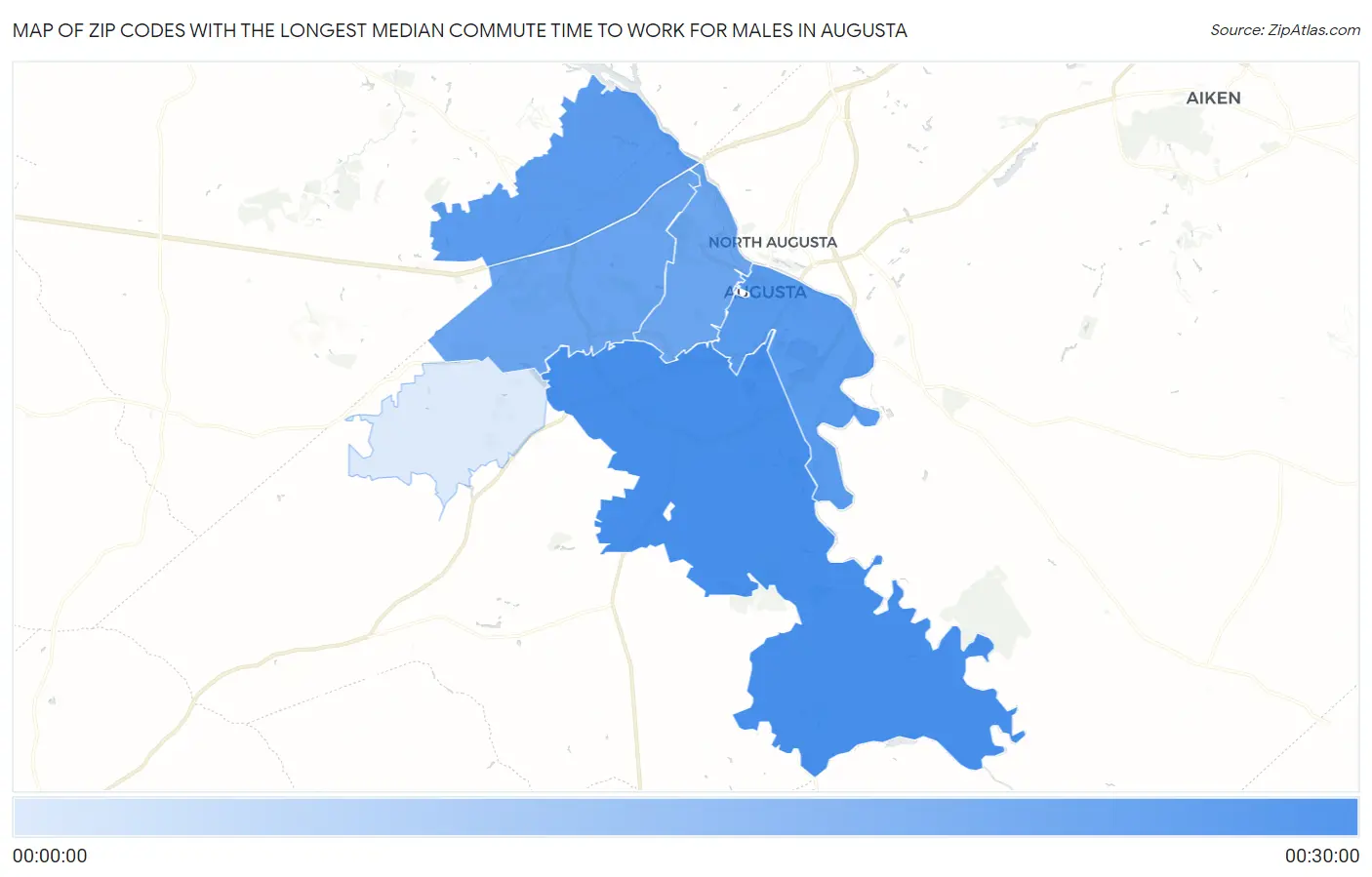 Zip Codes with the Longest Median Commute Time to Work for Males in Augusta Map
