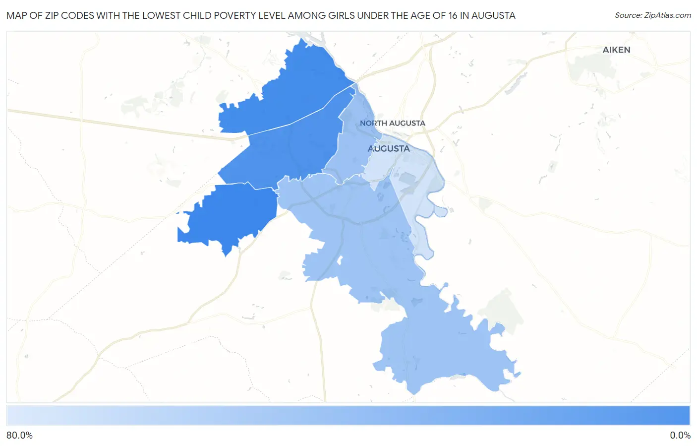 Zip Codes with the Lowest Child Poverty Level Among Girls Under the Age of 16 in Augusta Map
