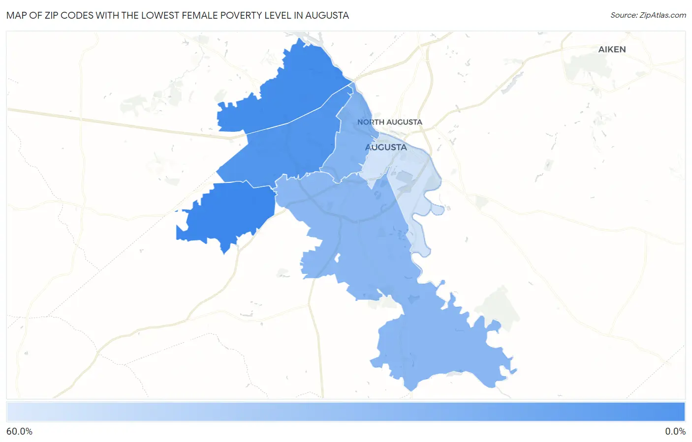 Zip Codes with the Lowest Female Poverty Level in Augusta Map